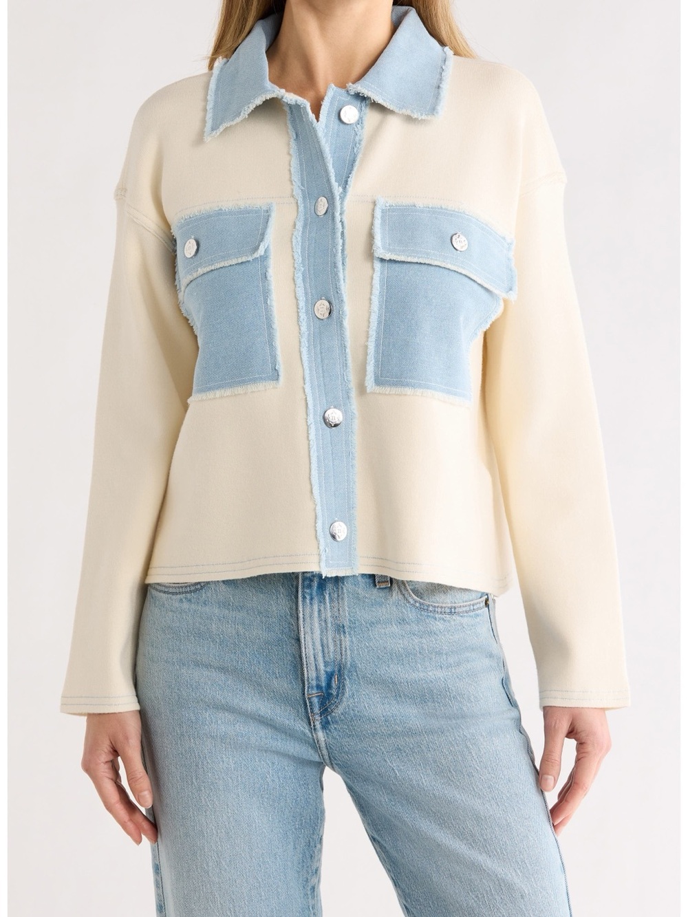 NWT Nanette Lepore Jacket Womens S Ecru Denim Contrast Shacket Coastal Preppy